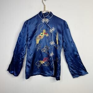 Vintage Blue Silky Satin Asian Chinese Embroidered Dragon Long Sleeve Jacket Top